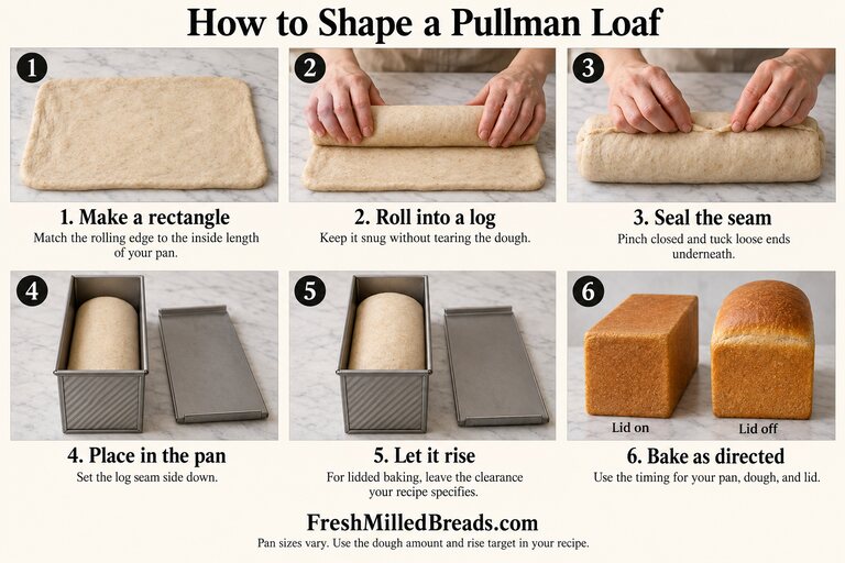 Six illustrated steps for shaping a Pullman loaf: make a rectangle, roll a log, seal the seam, place in the pan, let rise, and bake with the lid on or off