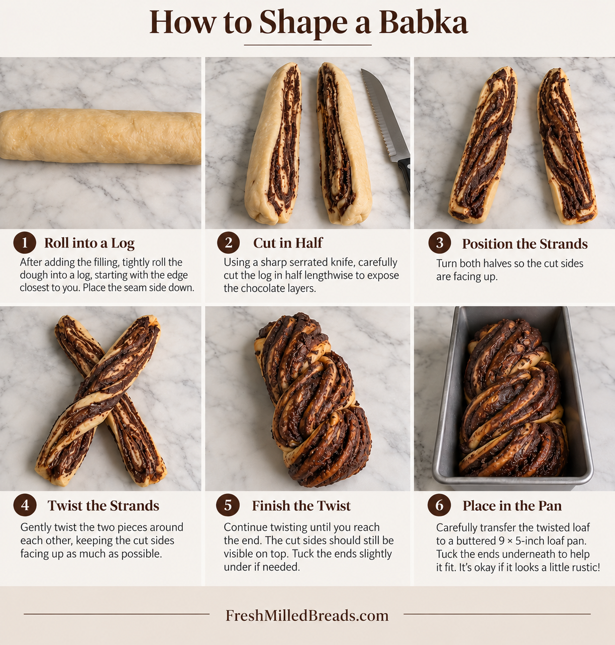 How to shape a chocolate babka, shown in six illustrated steps