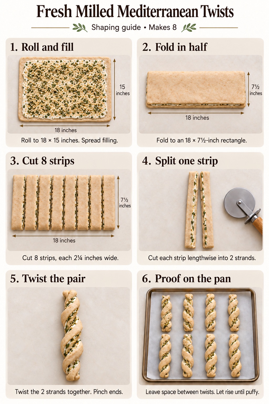 Six-step Mediterranean twist shaping guide: roll and fill, fold in half, cut eight strips, split each strip into two strands, twist and pinch the ends, then proof on baking sheets