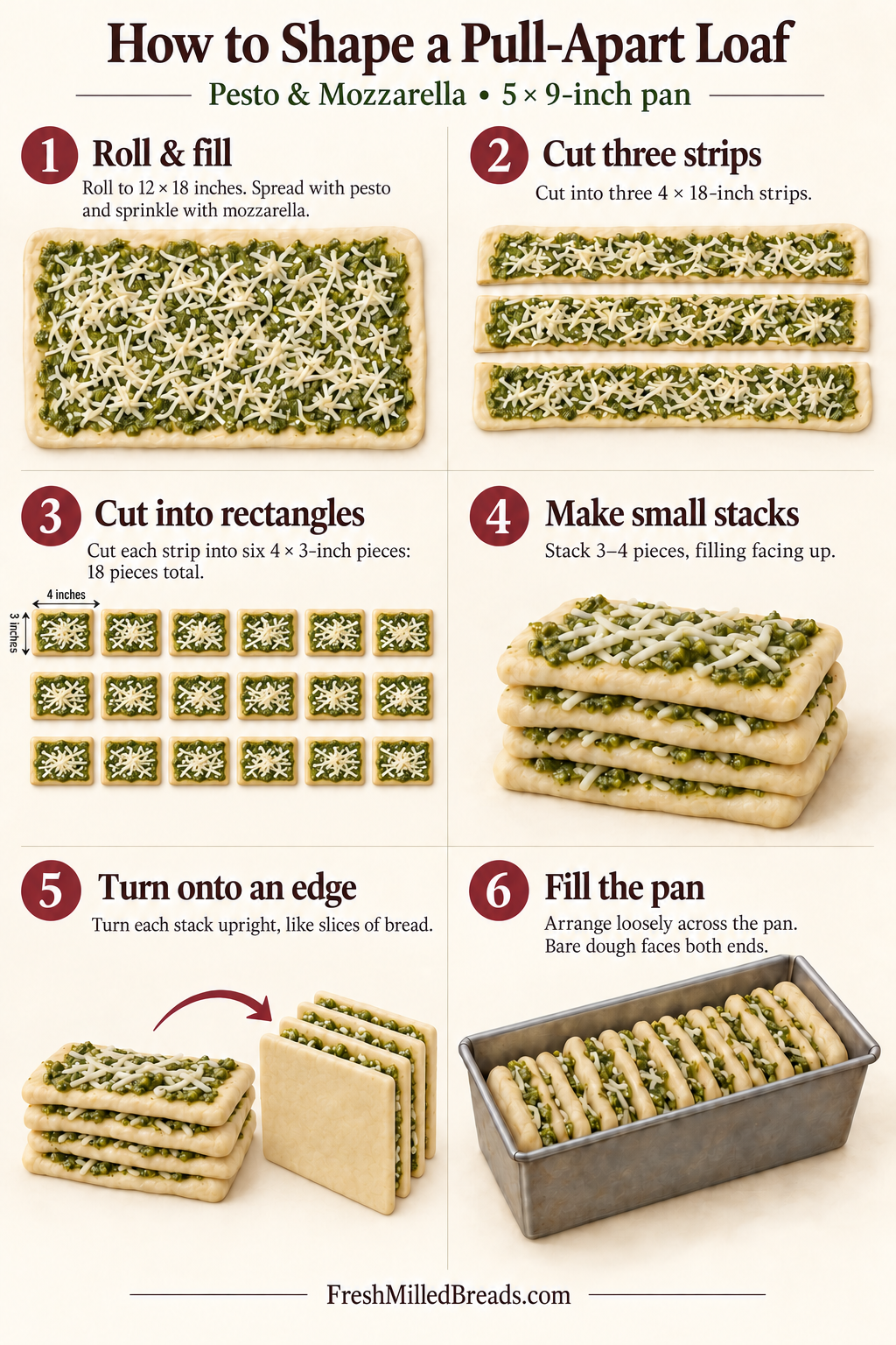 Six illustrated steps showing how to fill, cut, stack, and arrange the pesto and mozzarella pull-apart loaf